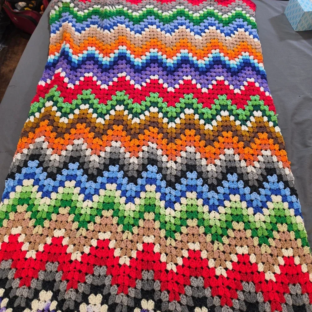 Vtg Handmade Crochet Rainbow Chevron Ripple Afghan Throw Blanket Colorful 60x34